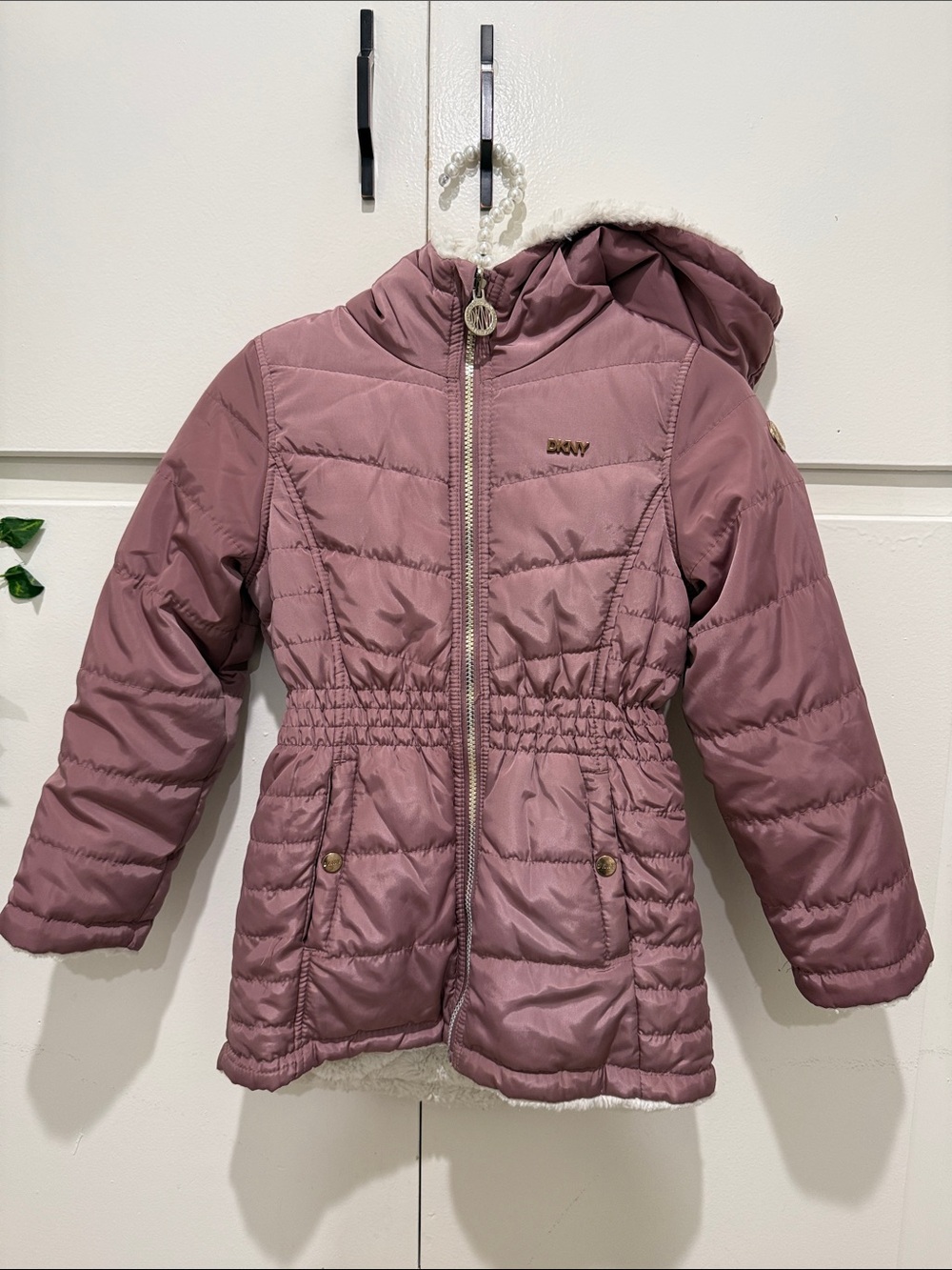 DKNY Mauve Quilted Hooded Puffer Coat for Girls
